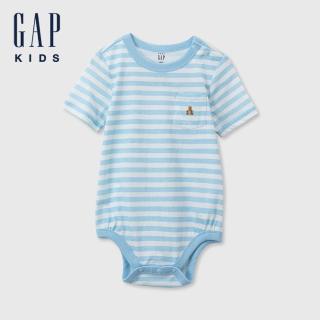 【GAP】嬰兒裝 純棉小熊刺繡短袖包屁衣-藍色(505565)