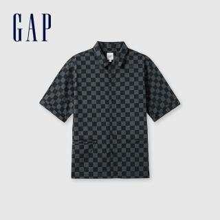 【GAP】男裝 Logo純棉翻領短袖襯衫-黑色(464299)