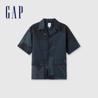 【GAP】男裝 Logo純棉翻領短袖襯衫-黑色(464304)