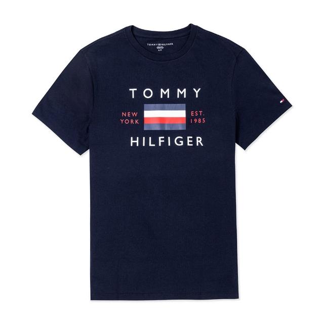 【Tommy Hilfiger】TOMMY 經典刺繡大Logo圖案短袖T恤-深藍色(平輸品)