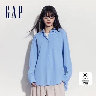 【GAP】女裝 Logo防曬翻領長袖襯衫-藍色(510289)