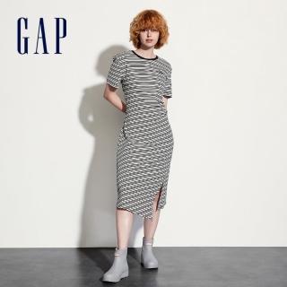 【GAP】女裝 Logo圓領短袖洋裝-黑白條紋(512504)