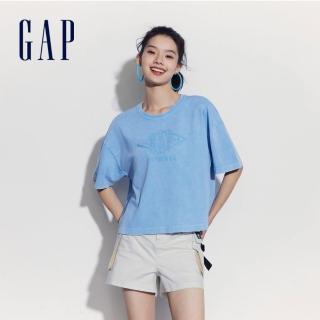 【GAP】女裝 Logo純棉短版圓領短袖T恤 水洗棉系列-淺藍色(465909)