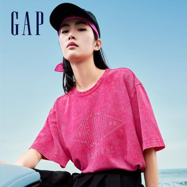 【GAP】女裝 Logo純棉短版圓領短袖T恤 水洗棉系列-深粉色(465909)