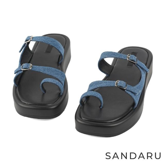 【SANDARU 山打努】拖鞋 套趾雙釦帶輕量厚底涼拖鞋(藍)