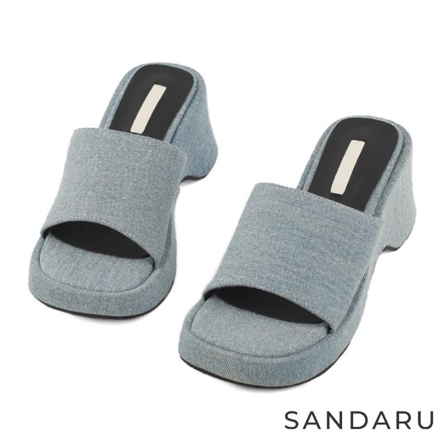 【SANDARU 山打努】拖鞋 方頭寬版牛仔布厚底拖鞋(淺藍)
