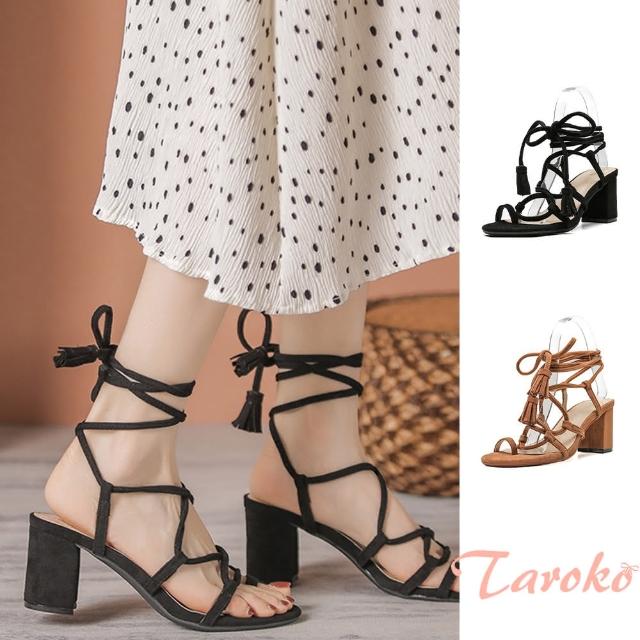 【Taroko】絨面流蘇羅馬夾趾小碼粗跟涼鞋(2色可選)