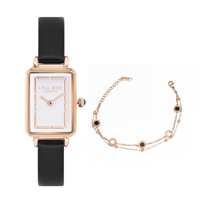 【LOLA ROSE】簡約白面 玫瑰金框 皮革錶帶 方形手錶 女錶 贈手鍊(LR2131)