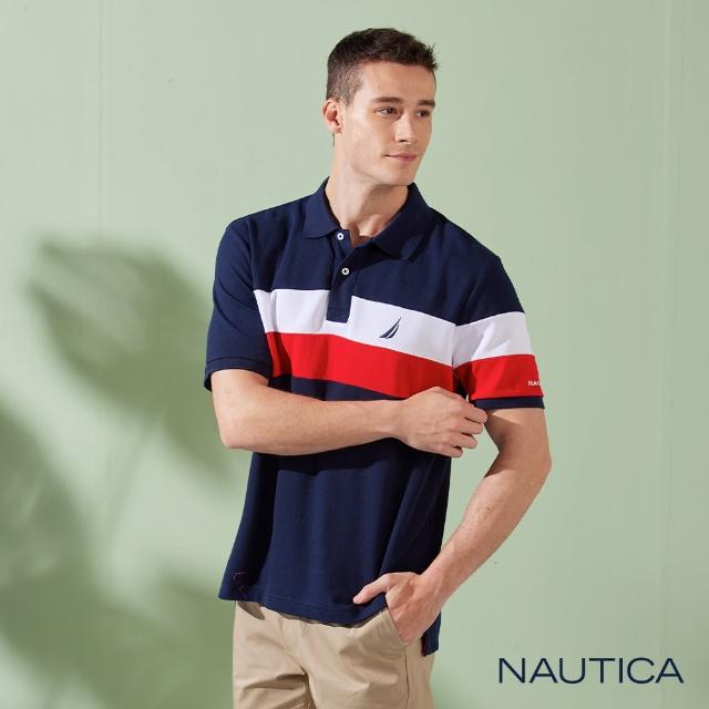【NAUTICA】男裝 運動風撞色拼接短袖POLO衫(深藍)