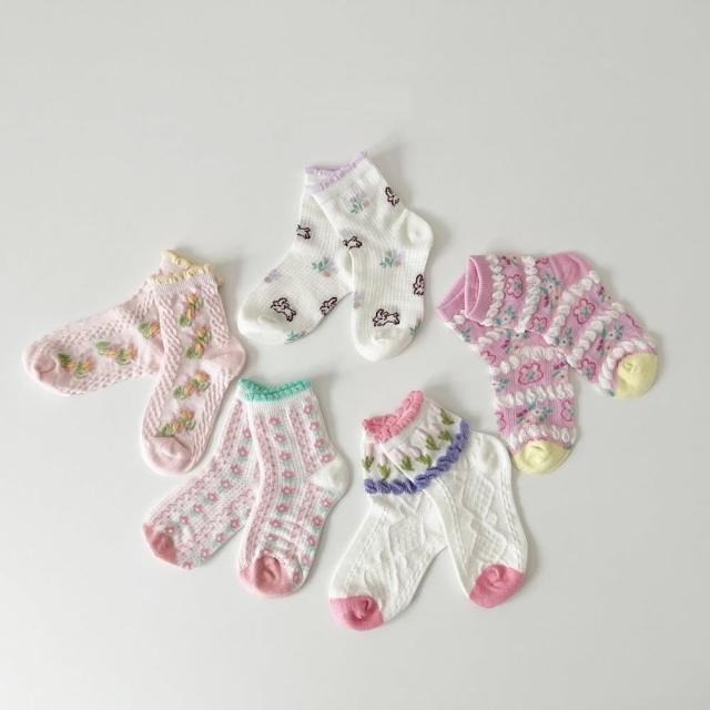 【韓國 V.Bunny】粉花朵編織立體浮雕短襪5雙組(TM2404-328)