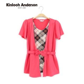 【Kinloch Anderson】小熊格紋荷葉拼接袖短袖上衣 金安德森女裝(KA0455108 桃紅/暗藍)