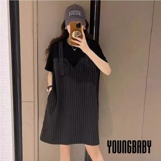 【YOUNGBABY】簡約條紋背心假兩件式洋裝 中大尺碼女裝(黑)