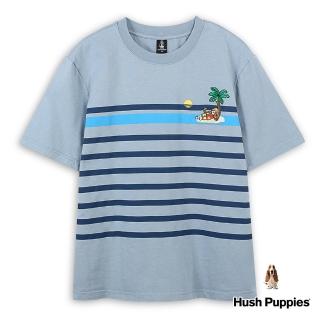 【Hush Puppies】男裝 T恤 跳色條紋精緻刺繡渡假花襯衫狗T恤(淺灰藍 / 43111204)