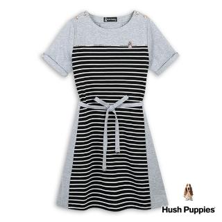 【Hush Puppies】女裝 洋裝 拼接條紋肩釦飾刺繡小狗腰綁帶洋裝(麻灰 / 43215201)