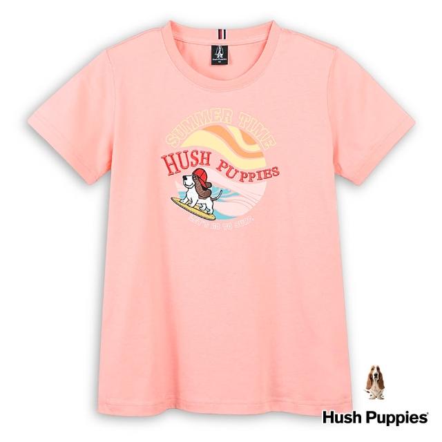 【Hush Puppies】女裝 T恤 趣味仲夏夕陽衝浪狗T恤(粉橘 / 43211108)