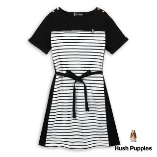 【Hush Puppies】女裝 洋裝 拼接條紋肩釦飾刺繡小狗腰綁帶洋裝(黑色 / 43215201)