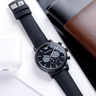 【EMPORIO ARMANI】亞曼尼 公司貨 Luigi 潮流先鋒三眼計時尼龍矽膠腕錶/黑(AR11450)