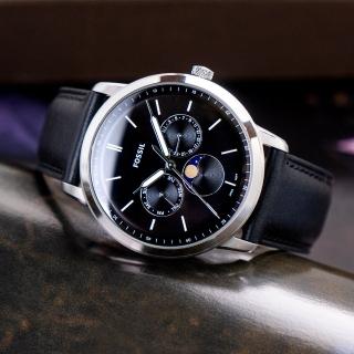 【FOSSIL】公司貨 Neutra Minimalist 型男品味三眼月相皮革腕錶/黑x銀框 男錶(FS5904)