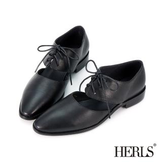【HERLS】牛津鞋-全真皮鏤空綁帶尖頭低跟牛津鞋(黑色)