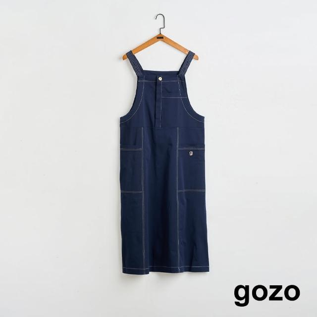 【gozo】MOMO獨家款★限量開賣 配色壓線多口袋吊帶洋裝(兩色)