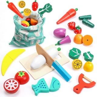 【CuteStone】兒童仿真木製蔬菜水果切切樂15件組套裝收納玩具