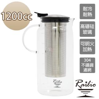 【Railio】摩登花茶耐熱玻璃壺1200ML(耐熱壺/冷水壺/明火加熱壺/泡茶壺/花茶壼/高硼硅玻璃壺)
