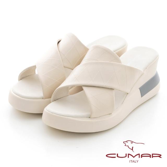 【CUMAR】壓紋皮革交叉厚底涼拖鞋(米色)