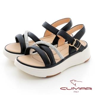 【CUMAR】澎澎線條鑽飾點綴彈力厚底涼鞋(黑色)