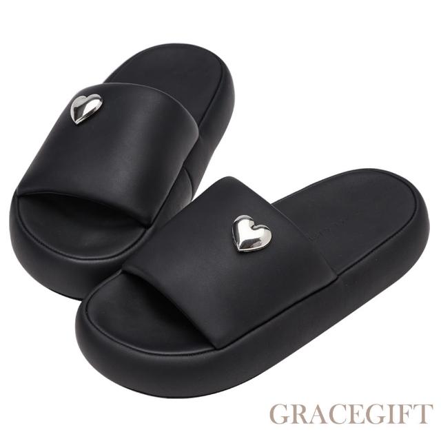 【Grace Gift】時髦愛心飾釦澎澎寬帶厚底拖鞋(黑)