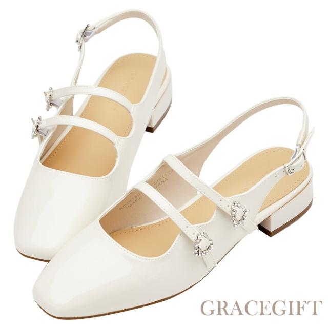 【Grace Gift】方頭雙帶愛心鑽瑪莉珍後空中跟鞋(白漆)