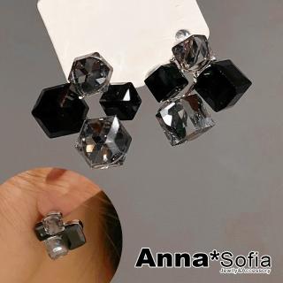 【AnnaSofia】925銀針耳針耳環-立體灰黑方塊晶 現貨 送禮(銀系)