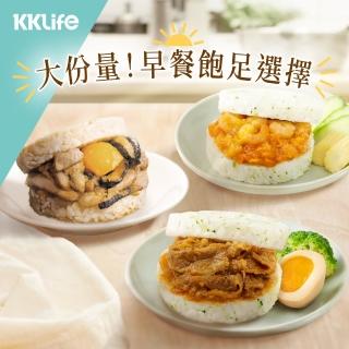 【KKLife】大份量早餐組-翠玉米漢堡3袋+粽香滷肉米漢堡1盒(170-180g/顆; 3顆/袋;青花椰米)