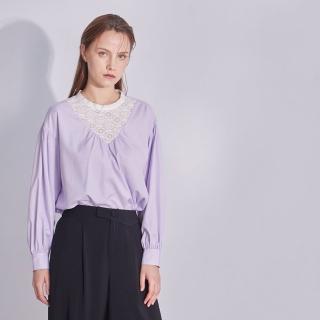 【MASTINA】領拼接蕾絲條紋長袖襯衫(紫)
