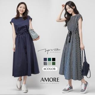 【Amore】氣質多色多款短袖連身縮腰洋裝6色M-XL(輕鬆穿搭氣質單品)