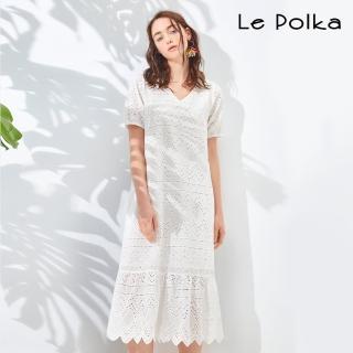 【Le Polka】浪漫繡花蕾絲荷葉擺洋裝-女