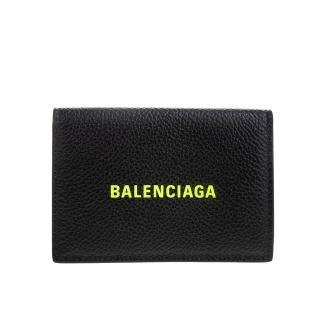 【Balenciaga 巴黎世家】經典品牌螢光黃字LOGO皮革三折小短夾(黑色)