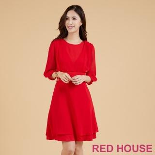 【RED HOUSE 蕾赫斯】素色雪紡拼接洋裝(紅色)