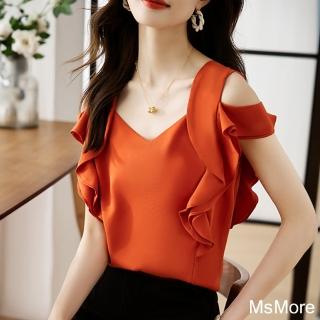 【MsMore】淑女V領背心橘紅荷葉設計無袖雪紡短版上衣#122114(橘紅)