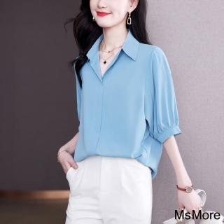 【MsMore】襯衫短袖韓版寬鬆大碼V領顯瘦薄款中長上衣#122014(白/藍)