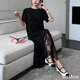 【MsMore】大碼寬鬆拼接蕾絲圓領短袖T恤顯瘦黑色連身裙長洋裝#122098(黑)
