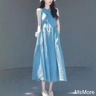 【MsMore】韓版時尚寬鬆無袖系帶氣質無袖薄款大碼連身裙背心長版洋裝#122148(藍)