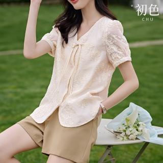 【初色】新中式繡花盤扣V領短袖襯衫上衣女上衣-米白色-34959(M-2XL可選)