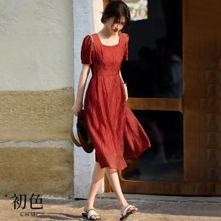 【初色】輕薄法式方領連衣裙綁帶純色短袖連身洋裝長洋裝-紅色-34904(M-2XL可選)