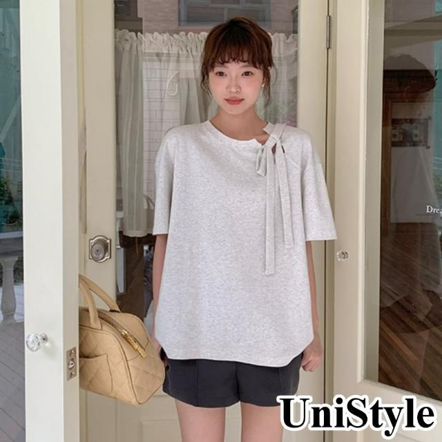 【UniStyle】純色短袖T恤 韓版蝴蝶結綁帶設計感上衣 女 EAX2431F(岩石灰)