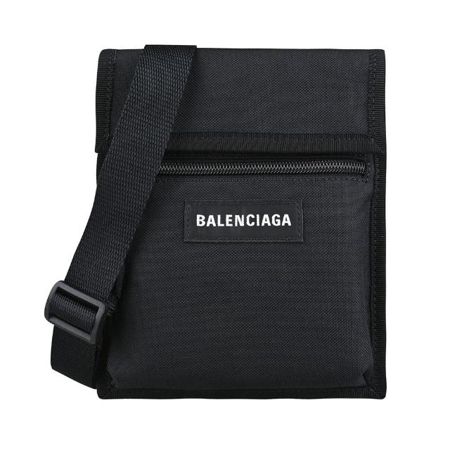 【Balenciaga 巴黎世家】BALENCIAGA Explorer經典刺繡布標白字LOGO再生尼龍設計小型斜背包(黑)