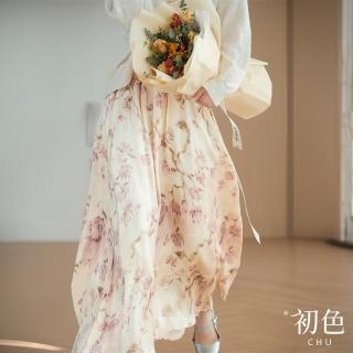 【初色】日系花卉印花輕薄透氣雪紡裙裝半身裙中長裙長裙-共2色-35014(M-2XL可選)