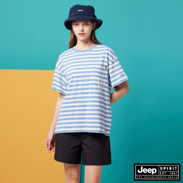 【JEEP】女裝 條紋口袋印花短袖T恤(藍色)