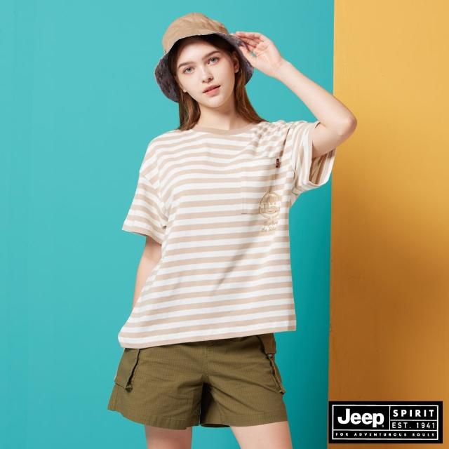 【JEEP】女裝 條紋口袋印花短袖T恤(卡其)