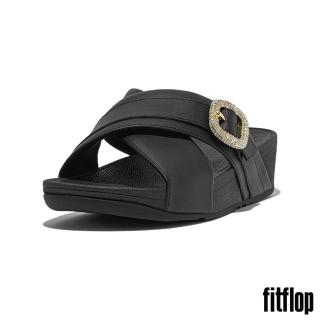 【FitFlop】LULU 水鑽扣環皮革十字交叉涼鞋(黑色)