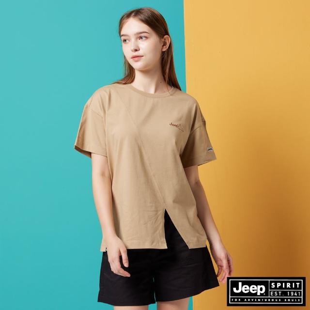 【JEEP】女裝 不對稱剪裁純棉短袖T恤(卡其)
